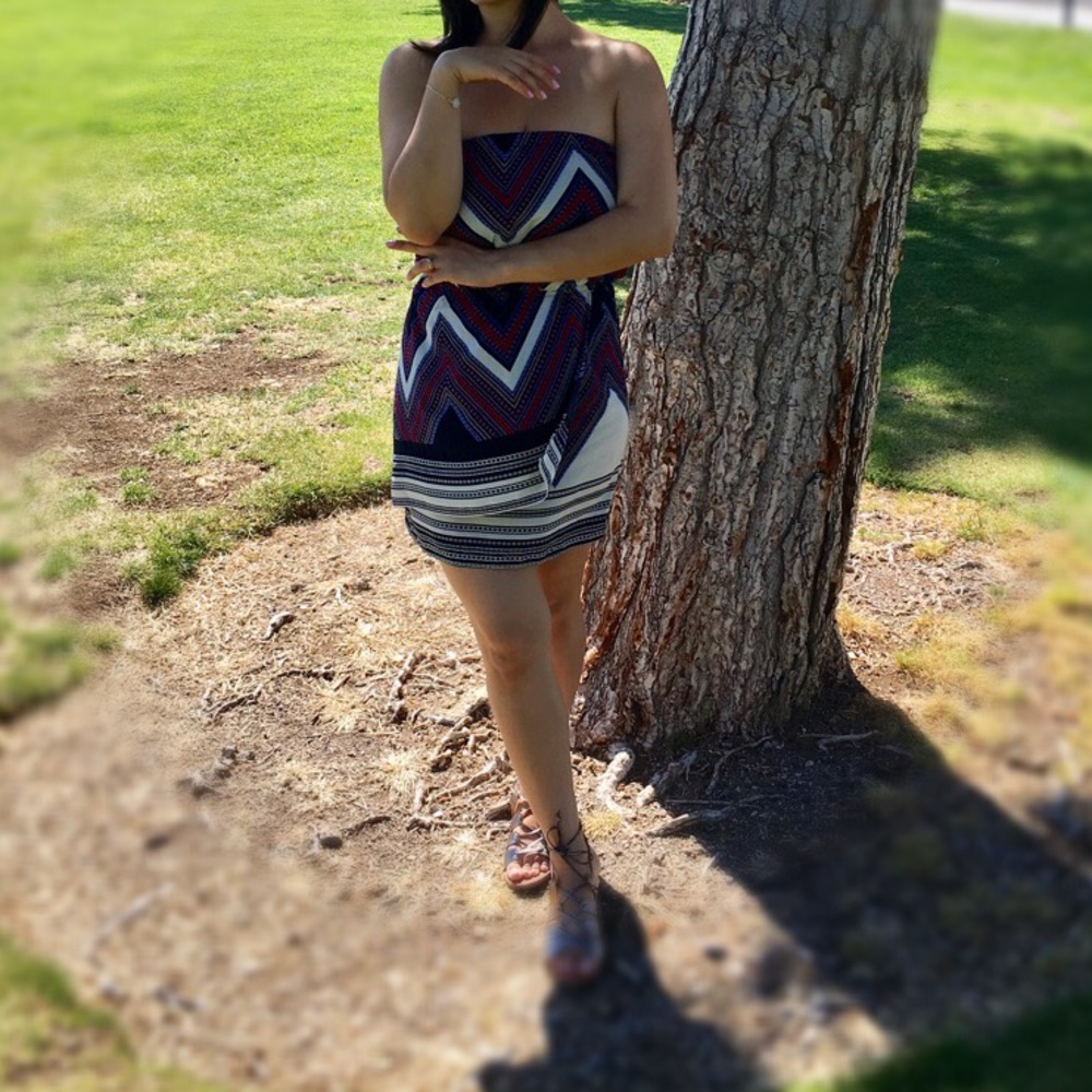 Strapless mini dress.